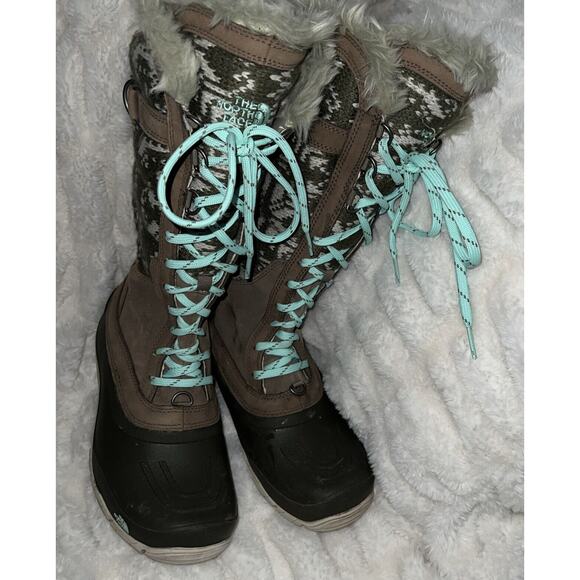North Face Women Wool Knit + Leather Snow Outdoor Tall Boots Multicolor Brown 7 - Picture 3 of 7